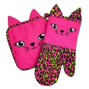 Sourpuss Retro Set Pink Leopard Cat Oven Mitt & Pot Holder Set  New